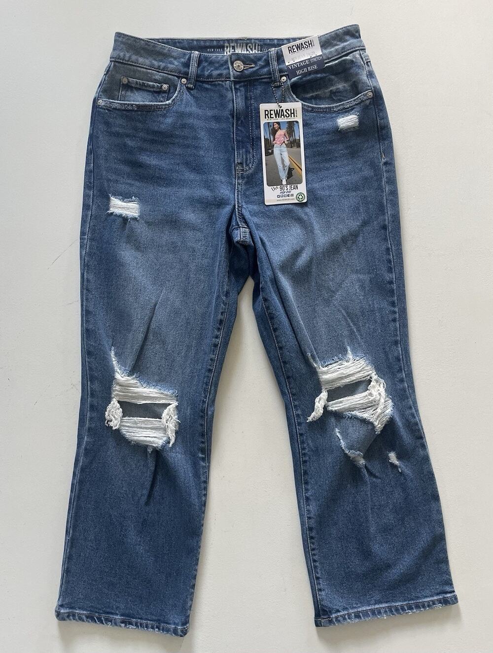 NWT Women's Rewash Brand Blue Jeans Sz 29 90's Vtg Stretch High Rise Distressed